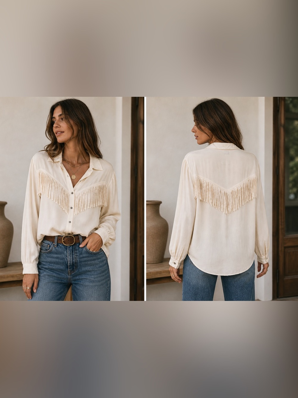 Vintage Fiji 100% Silk Coastal Cowgirl Fringe Pearl Button Down Shirt Size S Lux
